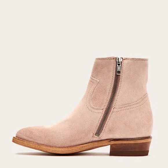 Frye Billy Blush Pink Suede Leather Zip Up Short Cute Festival Cowboy Ankle Boot - Picture 2 of 16